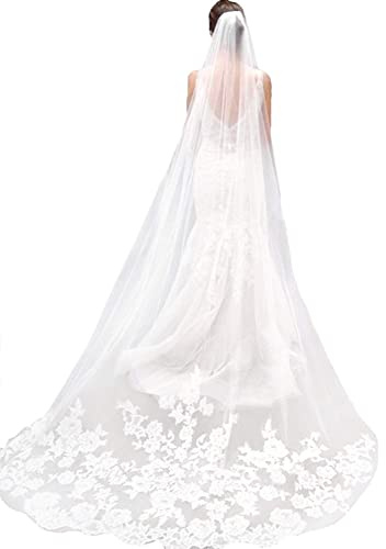 Velo de Novia de una Sola Capa Lianshi Bridal Veil Encaje Bordado Novia Suministros 3m (Ivory)