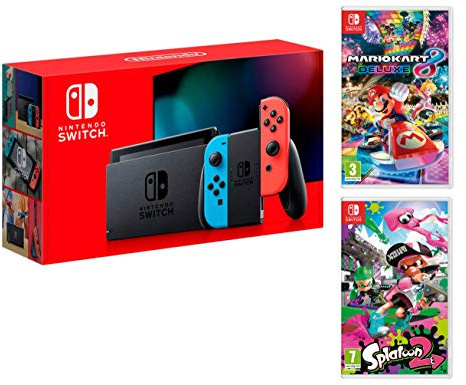 Nintendo Switch Rouge/Bleu Néon 32Go Pack + Mario Kart 8 Deluxe + Splatoon 2