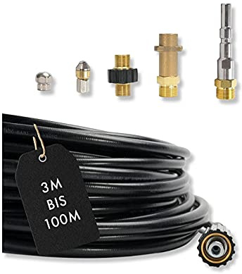 M&M Smartek Rohrreinigungsschlauch 15m, 6-teilig für Profi-Geräte | Set mit M22-, Bajonett- und KEW-Adapter sowie 2 Düsen; geeignet für verschiedene Profi- und Hobby-Hochdruckreiniger.