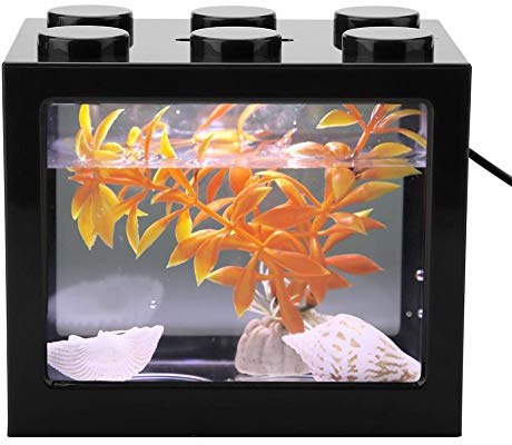 Fischbecken Aquarium Fish Tank Mini Aquarium USB LED Light Fish Tank Aquarium Decor for Box Office Tea Table(Schwarz)