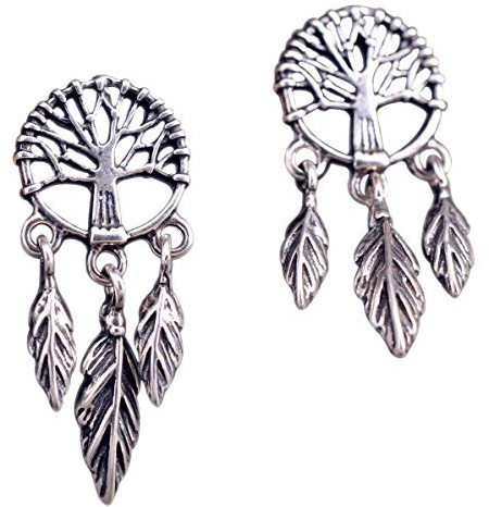 NicoWerk Damen Silber Ohrringe Traumfänger aus 925 Sterling Silber Dreamcatcher Lebensbaum Vintage Geschwärzt Durchlöchert SOR300