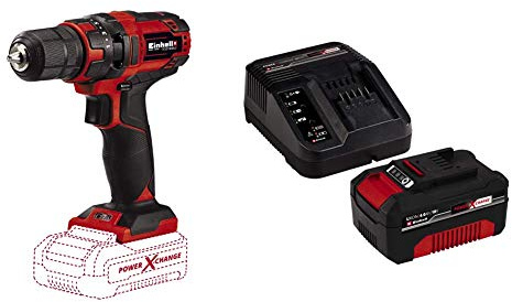 Einhell 4513927 Taladro a batería + Kit con cargador y batería de repuesto de 18 V, 4 Ah, 0 W, 21 V, 4.0, tiempo de carga: 60 minutos, color rojo/negro