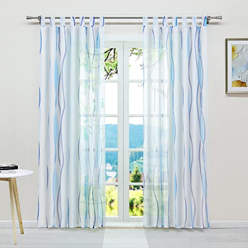 ESLIR Gardinen mit Schlaufen Vorhänge Gardinenschals Transparent Schlaufenschal Wellen Muster Voile Blau BxH 140x225cm 1 Stück