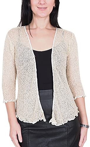 Mimosa Señoras Mujeres Crochet Bolero Brillo y Liso de Encaje Elastico Cardigan Abierto (Talla Unica ES 36-44, Ivory/Gold)