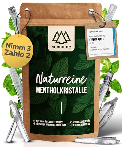NORDHOLZ® Mentholkristalle [100gr] für Sauna in Premium Qualität aus 100% Minzöl - Befreit die Atemwege und sorgt für intensiven Duft in der Sauna - Sauna Zubehör