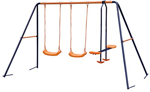 BBBuy Metal Frame Sturdy Durable Swing Set with 2 Swing Seats and 1 Seesaw Kindergarten Outdoor Backyard Playground for Kids Children, Girls, Boys
