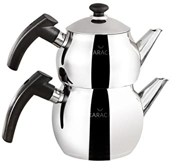 Karaca Adelya Mini Turkish Teapot Set - Stainless Steel Teapot with Lid - (Turkish Tea Pot 0.65 Liters & Water Tank 1 Liters) - Non-Burning Bakelite Black Handles Tea Maker & Induction Tea Kettle