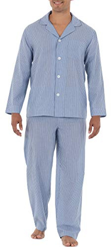 Fruit of the Loom Men's Long Sleeve Broadcloth Pajama Set, Blue Stripe, Medium