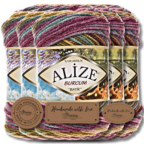 Hobby YARN 3x Etikettenlabel mit Alize Burcum Batik Wolle Premium 5x100g als Set, Yarn, Garn, Strickgarn, Farbverlauf, Babywolle zum Häkeln, Stricken, Kleidung, Schals (4341)