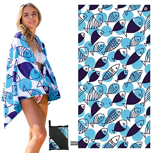 ZOOAOXO Toalla de Playa con Tiquetas UV, Toalla de Playa Grande, sin Arena, Material de Microfibra, Tamaño Adecuado (160 × 80 cm), Secado Rápido, Bolsa de Almacenamiento Incluida, Pescado Azul