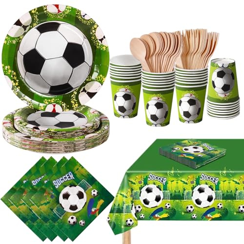 PYAILI Football Vaisselle, Fête Anniversaire Kit, Foot Theme Papier Assiette, Enfant Garçons Football Articles Fête Deco Party Fournitures, 20 Invités | Fournitures jetables sur le thème du football pour 20 invités, convient aux anniversaires d'enfants et aux matchs sportifs