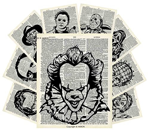 AKBOK Original-Horror-Film-Charakter-Wörterbuch-Kunstdruck, Vintage-Film-Poster-Set, tolles Geschenk für Horror-Fans, Heimdekoration, 20,3 x 25,4 cm, ungerahmt, 9 Stück