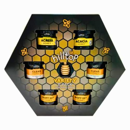 Honey Gift Set - Hilltop Variety 6 Pack With Dipper - 6 X Mini Jars With Lids Tea Gifts British Gifts Mini Hamper Gifts Birthday Presents Christmas Gifts For Couples Food Gifts For Women Men