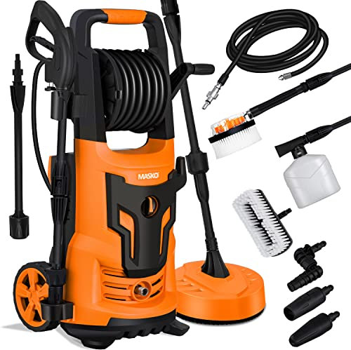 MASKO® Nettoyeur Haute Pression 2200 Watts 165 Bar 450 l/h, avec Bobine Enrouleur 10m de Tuyau 9.TLG. Set d'accessoires, avec Bouteille de Savon buse à Mousse, Pistolet Haute Pression, Orange