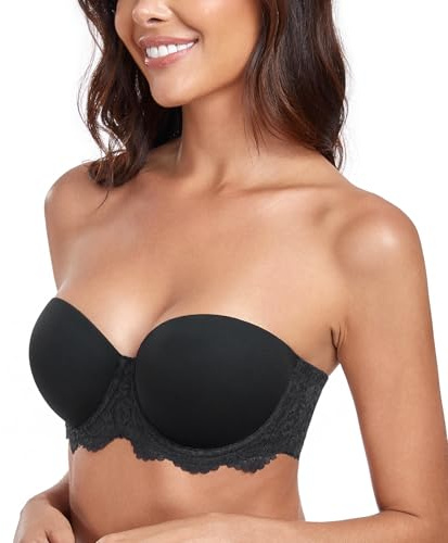 Lemorosy Damen Trägerloser BH Vollschalen Bügel Abnehmbare Träger Große Größen Multiway Minimizer BH Roter Teppich(Spitze Schwarz,75C)