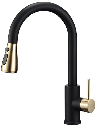 Peppermint Pull Out Kitchen Sink Mixer Tap Mono Matte Black and Brushed Gold Kitchen Faucet with Pull Down Spray, Modern Single Lever Swivel Bar Taps 1 Hole with 3 Mode Spray Head