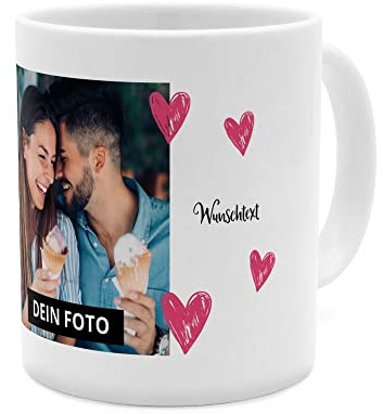 PhotoFancy® - Fototasse 'Herzen' - Personalisierte Tasse mit eigenem Foto - Weiß - Layout Herzen