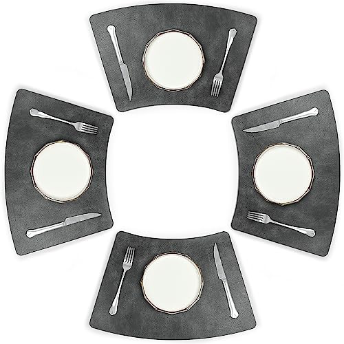 fanquare PU Runde Platzsets 48x30 cm Rindsleder Korn Tischsets für Esstisch Waschbar Grau Keilförmige Tischmatte 4er Pack