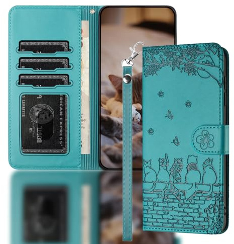 Nokverzy Cover per iphone 13(6.1) Magnetica Cavalletto Antiurto Flip Porta Carte Cover Pelle per iphone 13(6.1) Custodia Cellulare Portafoglio Pieghevoli con Cordini Gatti Recinto Pattern Blu