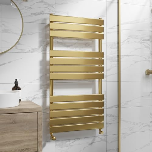 DuraTherm® 1200 x 600mm Flat Panel Heated Towel Rail Radiator Modern Central Heating Bathroom Warmer Wall Mounted Ladder Rad, Brushed Brass