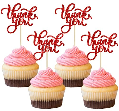 24Pcs Thank You Cupcake Toppers Glitter Thankful Cupcake Picks for Happy Thanksgiving Day Baby Shower Kids Birthday Party Cake Decorations Supplies Red