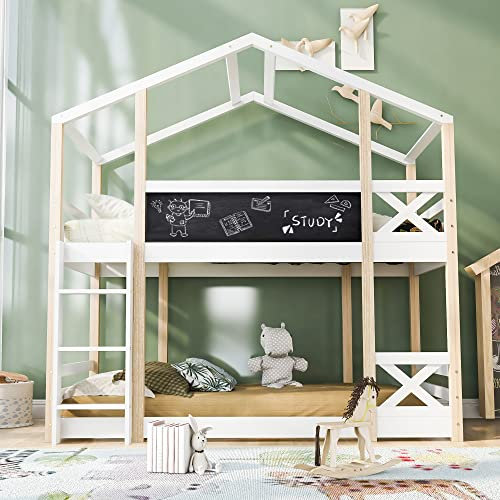 MYBOO Hochbett Baumhaus für Kinder, Etagenbett 90 x 200 cm für 2 Kinder, Kinderbett mit Leiter & 2 Lattenrost, Spielbett Jugendbett Hausbett, Natur & Weiß