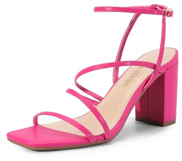 DREAM PAIRS Women's Heels Chunky Block Strappy Square Open Toe Ankle Buckle Heeled Sandals Wedding Party Dress Shoes SDHS2428W,Size 7.5,Hot Pink,SDHS2428W