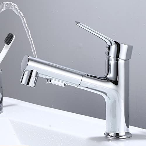 LeGDOr Badezimmer-Waschtischarmatur mit herausziehbarer Brause, Mischbatterie für Küche, Badezimmer, Waschbecken, 2 Strahlarten, Badezimmer-Waschtisch-Waschtischarmatur mit Dusche, Chrom-C
