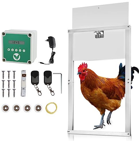Herrselsam Automatische Hühnertür mit Schieber, Elektrische Hühnerklappe 30 x 30 cm, Türöffner Hühnerstall mit Zeitschaltuhr & Lichtsensor & Fernbedienungen & LED Display, Netz- oder Batteriebetrieb