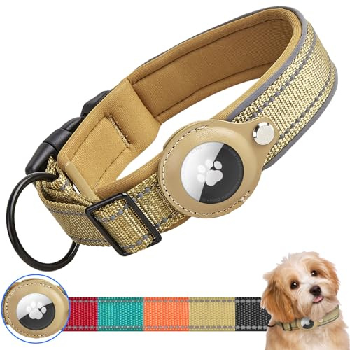Ledeak Taktisches AirTag Hundehalsband, Wasserdicht Integriertes Apple AirTag Halter Reflektierendes Hunde Halsbänder, Gepolstertes Hundehalsband für Kleine, Mittlere und Große Hunde (Khaki, L)