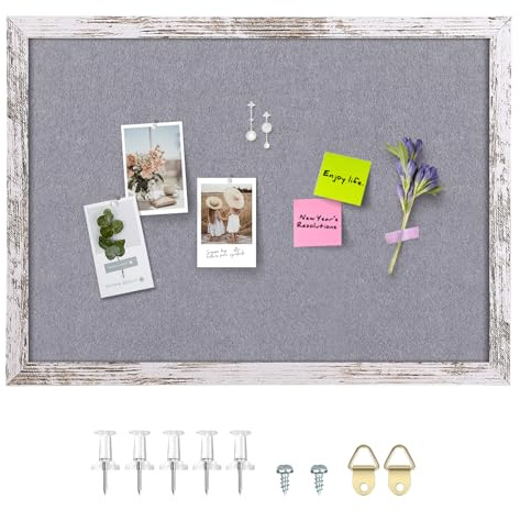 Aitakatta Graue Filztafel, Korktafel, Pinnwand, dekorative hängende Korktafeln für Wände mit weißem rustikalem Holzrahmen, Pinnwand, Sichttafel für Büro, Zuhause und Schule, mit Nadeln, Schrauben