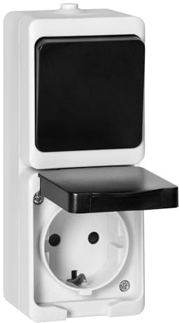 Miratic Wandsteckdose IP54, Steckdose mit Schalter, weiße und schwarze Oberfläche, Schuko, 2P+T, hohe Widerstandsfähigkeit und Sicherheit