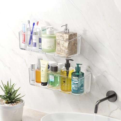 PAVSTINE Mensola Doccia Senza Foratura Trasparente, 2 Pezzi Cestino Portaoggetti, Accessori Doccia con Ventose, Shower Caddy, Mensole Bagno Può Contenere Sapone, Shampoo, Bagnoschiuma(Alto Grande)