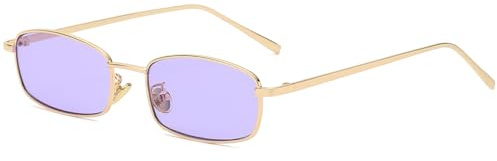 RUNHUIS Retro Klassische Kleine Rechteck Sonnenbrille Damen Herren Vintage Schlanke Rechteckige Metallrahmen Brille Gold/Violett