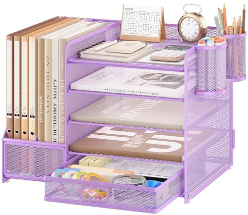 VITVITI Organizador de escritorio con archivador, organizador de escritorio de 5 niveles con 2 portabolígrafos, 2 bandejas para papeles y cajón para revistas, casa, escuela - Morado