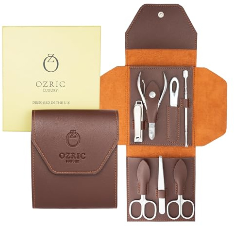 Ozric - Set per manicure, 7 pezzi, kit per pedicure e cura delle unghie, in acciaio inox, con tagliaunghie, lima, pinzetta, tronchesina cuticole, forbici e pulitore, con custodia da viaggio in pelle