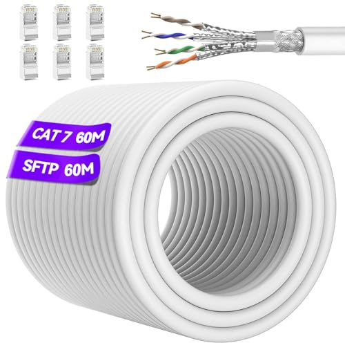 Soibke Ethernet-kabel 60m Cat7 RJ45-kabel 60 meter skärmad SFTP vit Gigabit | Höghastighetskabel 10 Gbit/s 600 MHz, Ethernet, vattentät LAN-kabel, internetkabel för router och modem