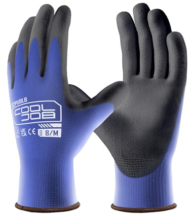 COOLJOB 12 Pairs Safety Work Gloves Pack Bulk with Grip PU Coating, 13 Gauge Seamless Knit Gloves with Polyurethane Dipped for Warehouse Working, Breathable Lightweight for Men Women, （Blue, Medium）
