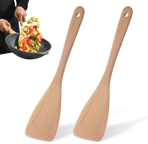 2 Stück Spachtel Pfannenwender aus Holz, 32cm Langem Griff, Premium Kochlöffel Zum Kochen, Holzwender
