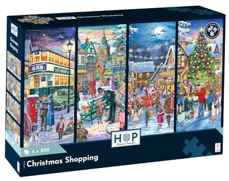 The House of Puzzles Christmas Shopping, 4 x 500 Piece Jigsaw Multipack | Christmas Shopping Theme, Artist Illustrated, Deluxe Puzzle Gift for Adults