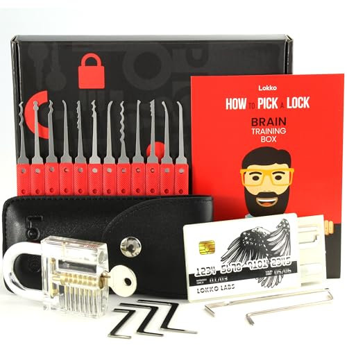 Kit de crochetage diamant pour débutants – 16 pièces + livret entièrement illustré, serrure d'entraînement, outils de tension – Rouge