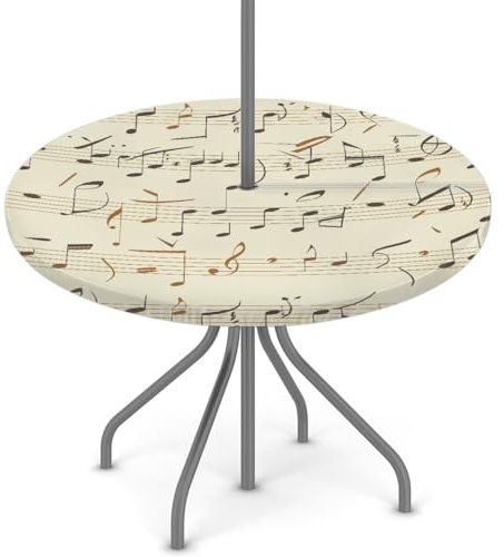 Woltant Tovaglia rotonda con foro per ombrellone e cerniera, facile da pulire, con bordi elastici, protezione per tavolo da giardino, patio, barbecue (note musicali semplici)