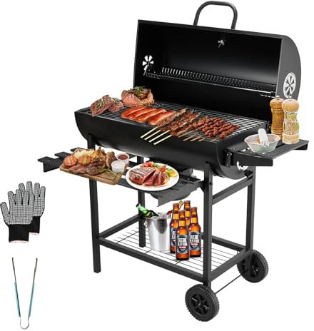 TEENO barbecue carbonella, con griglia di cottura XXL, Guanti anti-bruciore, termometro, cassetto cenere, sfiato regolabile, grande barbecue al carbone di legna con coperchio (Basic)