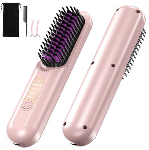 Anluomania Brosse Lissante Sans Fil, Brosse Lissante 20 Millions d'ions Négatifs, Mini Lisseur Sans Fil Rechargeable, Brosse Chauffante Portable, Cüramique Peigne Lissant une, Fer à Lisser 160-230℃