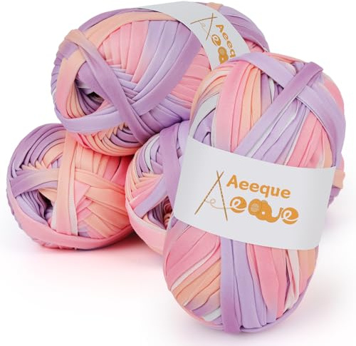 Aeeque 4 x 100g Tshirt Garn, T-shirt Garn zum Häkeln und Stricken, Bändchengarn für Körbe, Dicke Häkelgarn für Häkeltaschen, Teppiche, Mütze, Lila