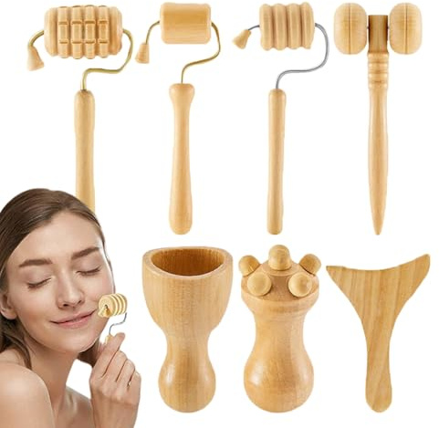 Set aus Massageschalen aus Holz – 7-teiliges Set zur Körpermodellierung | Ergonomisches Handmassagegerät aus Holz für Muskelentlastung, Gesichtsspannung, Cellulite-Reduktion, Körperentspannung und
