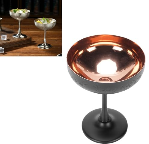 Ausla Verre à Cocktail en Acier Inoxydable, Verre à Vin Incassable avec Long Pied et Large Ouverture pour Cocktails, Desserts, Bar, Fête, Maison. (Gravé Noir)