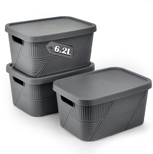 LYLIDIA 3 Stück 6.2L Aufbewahrungsbox mit Deckel, Kleine Box aus PP Kunststoffbox, Stapelbar Ordnungsboxen Storage Boxes Kiste Aufbewahrung Dekobox Organizer für Bad Büro Regal (Dunkelgrau 3x6.2L)
