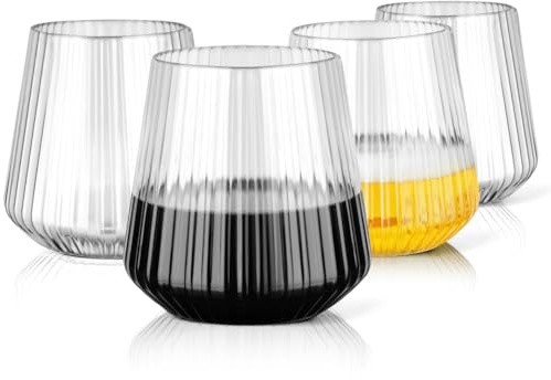 AOOTE Bicchieri Vintage Senza Stelo, 4 Pezzi Calici Da Vino a Coste, In Plastica Trasparente, Riutilizzabili, 380ml per Vino, Champagne, Whisky, Matrimonio, Festa, Pic-Nic, Campeggio
