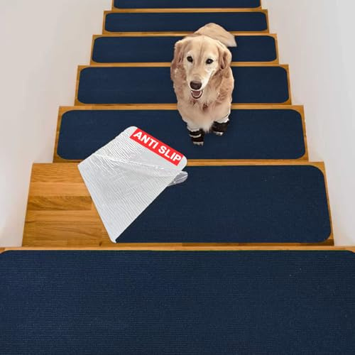 Tigsport Nonslip Stair Treads Wooden Steps, 15 PCS 30 x 8 Safety Rug Slip Resistant Runner with Reusable Adhesive, Carpet Landing Mat for Family Elders Pets Soft Stair Mats Indoor (Blue)
